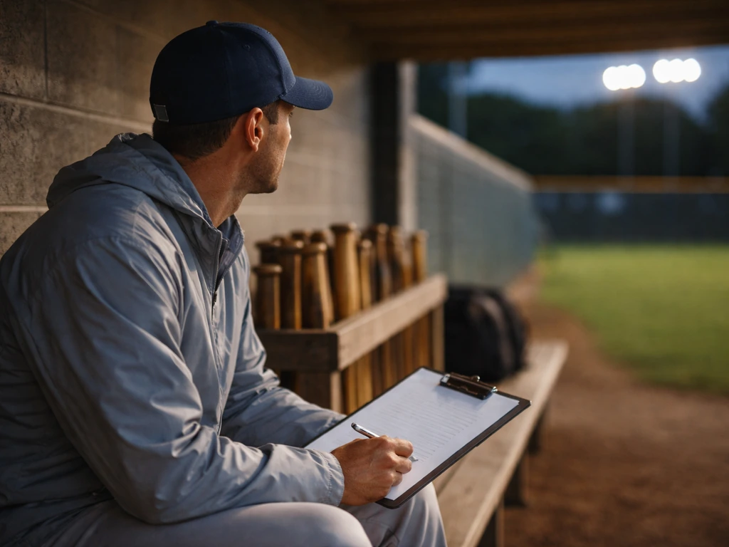 Anonymous baseball coach in a Texas Rangers-style dugout holding a clipboard, confirming identity context