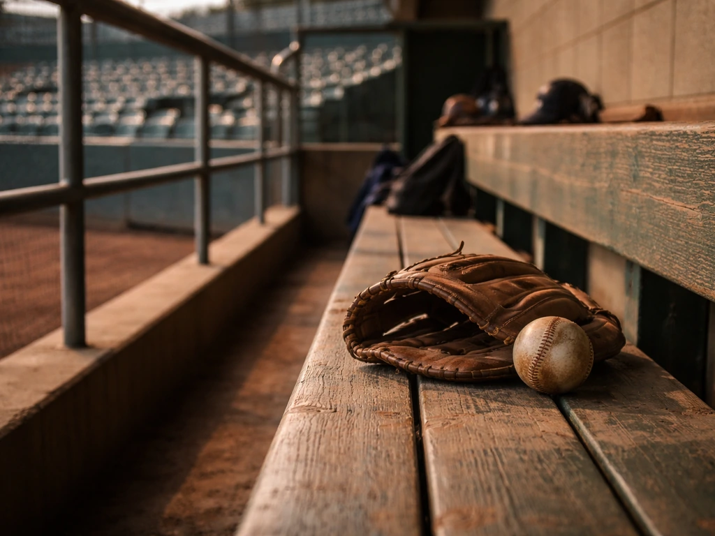 Dugout scene with a worn baseball glove and ball, capturing minor-league baseball atmosphere