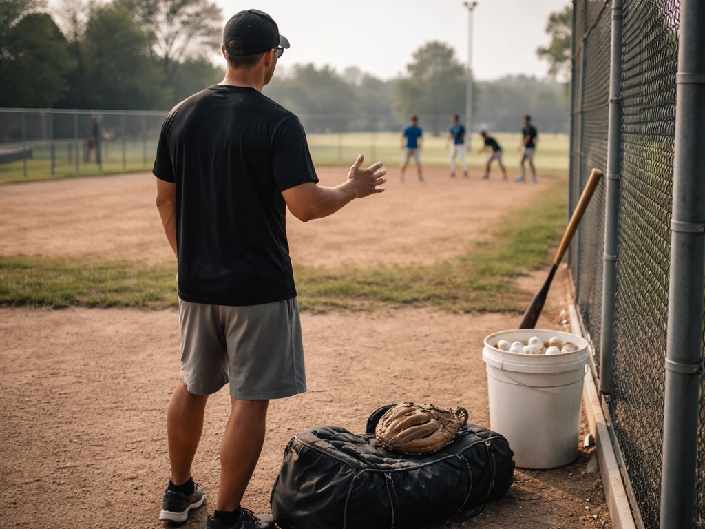 Coach directing baseball drills at a simple bullpen training setup with gear on the ground.