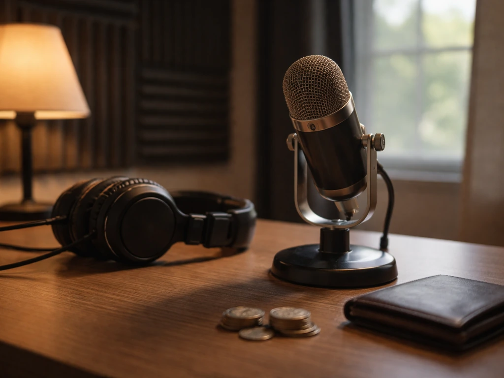Studio desk with a broadcast microphone, headphones, coins, and a wallet in soft daylight, no people.