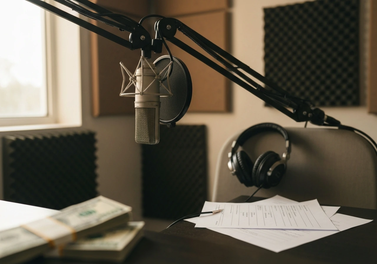 Voice actor recording in a studio booth with a microphone and headphones, symbolic of career earnings
