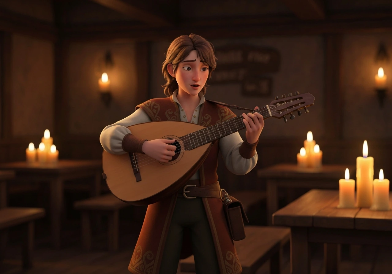 Scanlan Shorthalt-inspired fantasy bard performer in a dim candlelit tavern holding a lute