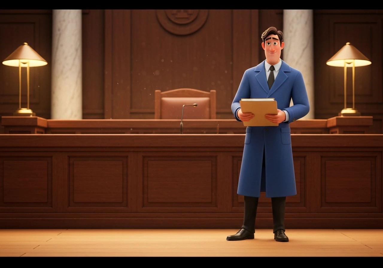 Stylized defense attorney in a courthouse scene, holding a folder beside a judge’s bench, dramatic but minimal.