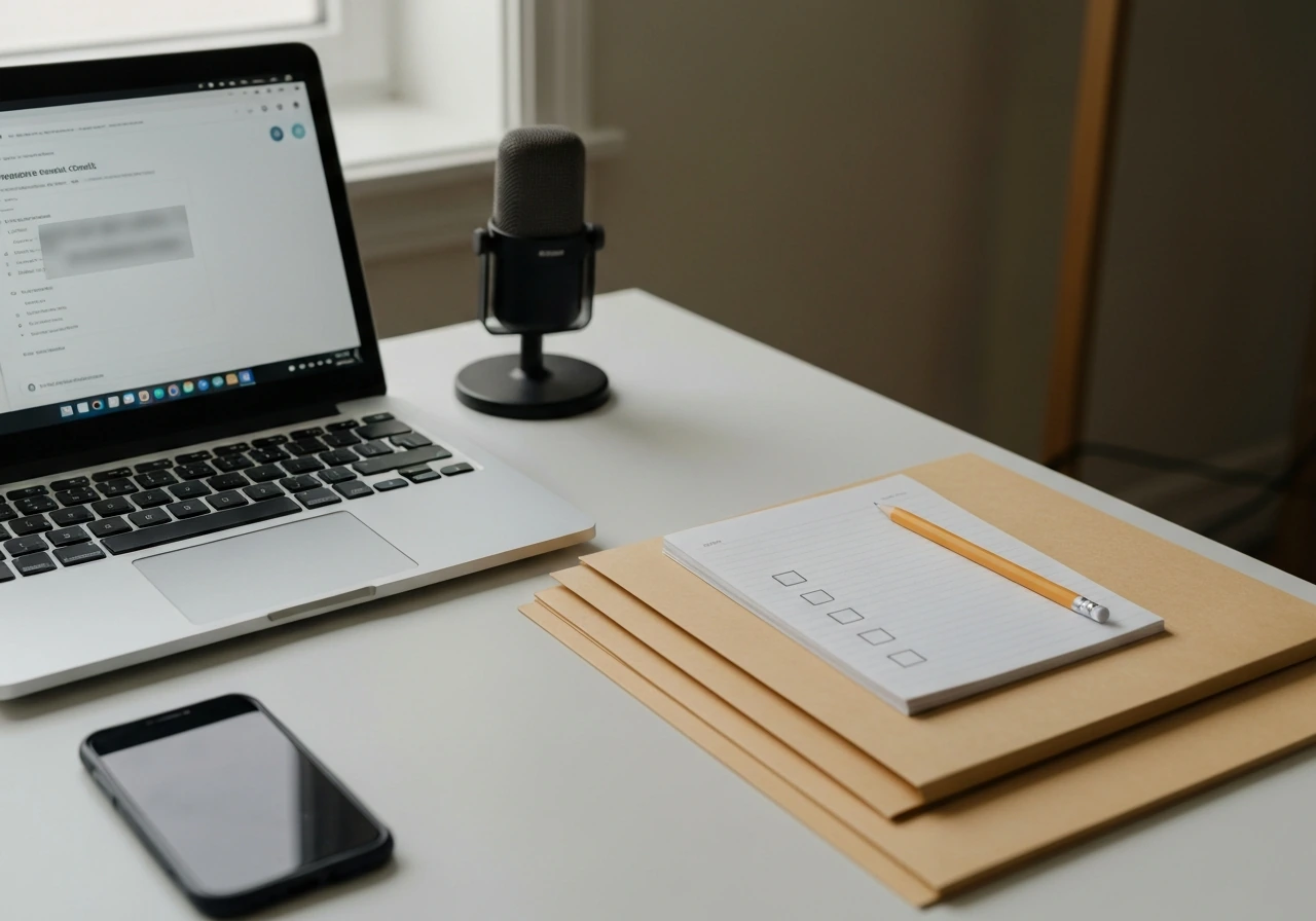 Minimal photo of a desk checklist scene with a laptop, audio mic, and folders for verifying a media estimate.
