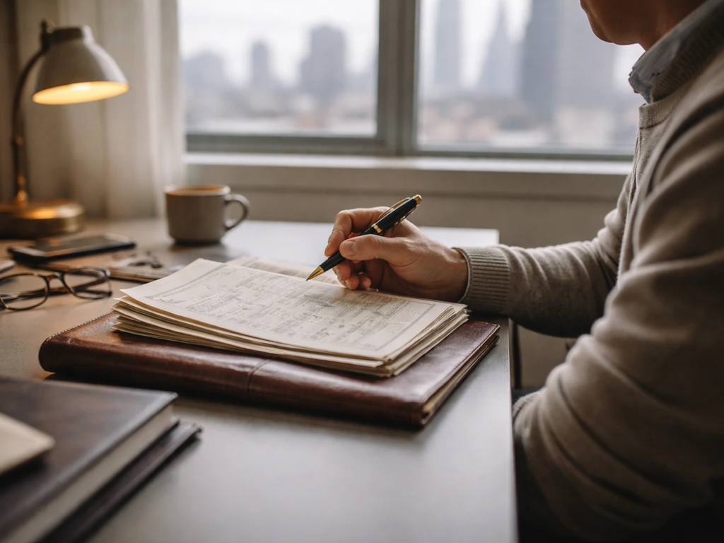 Anonymous businessman reviewing financial papers in a quiet London office with soft window light.