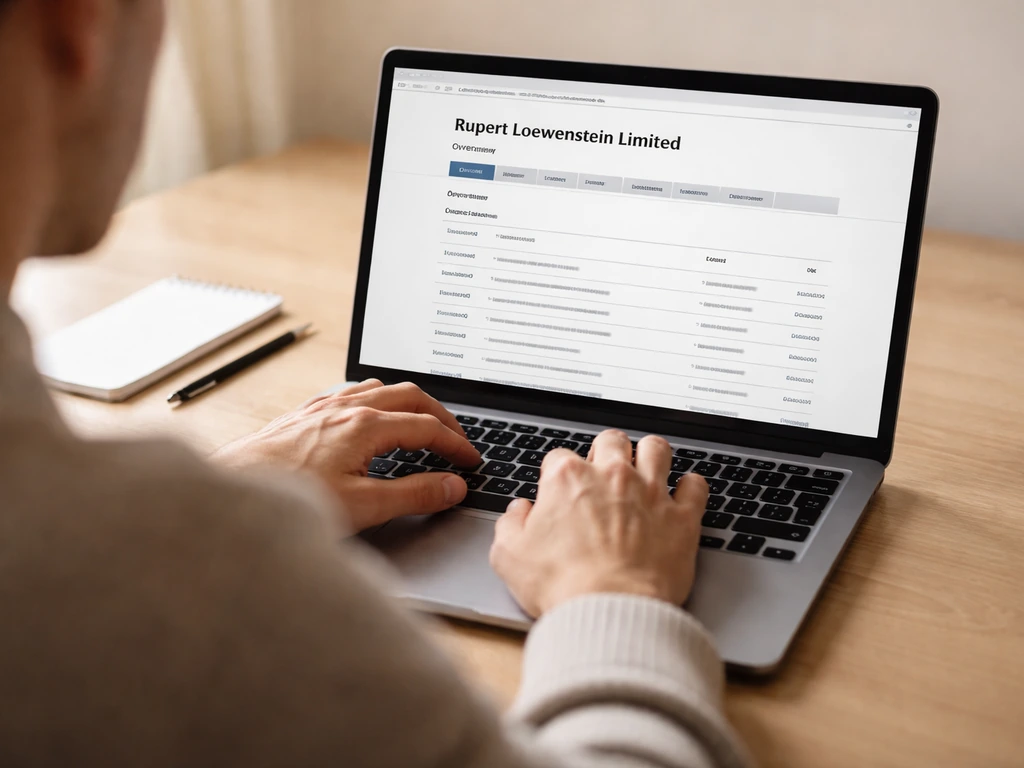 UK Companies House-style listing page on a laptop showing a company record for Rupert Loewenstein Limited.