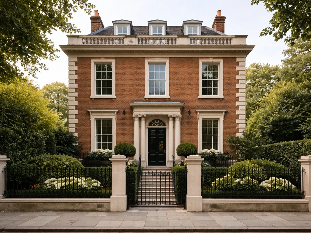 Sunlit exterior of an elegant Richmond-style London townhouse/estate with period details and quiet street view.