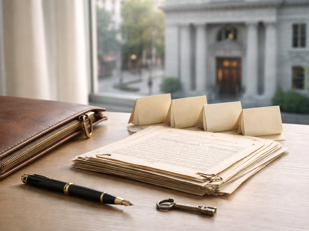 Minimal desk scene with old documents, leather portfolio, and a blurred bank building outside.