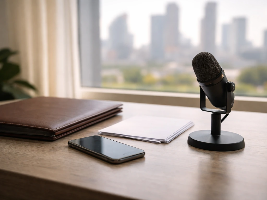 Minimal office desk with business documents, a podcast microphone, and a blurred city skyline symbolizing entrepreneursh