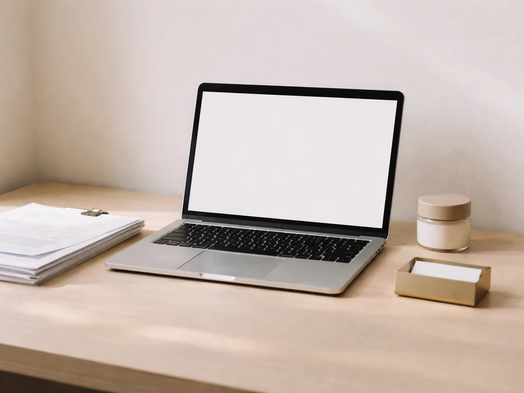 Minimal desk scene with laptop and documents beside a cosmetics jar, symbolizing connected income sources.