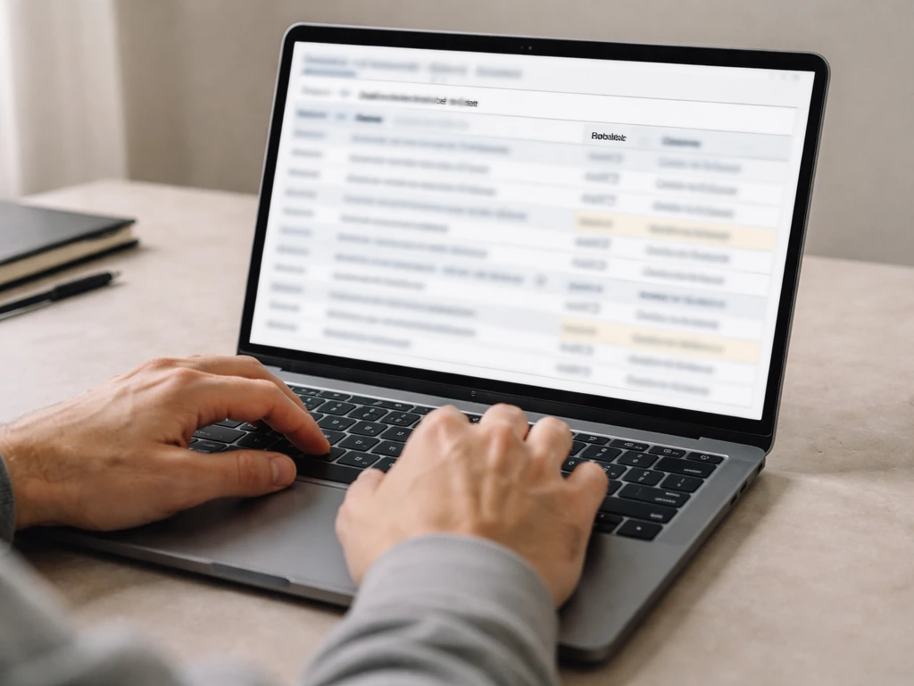 Hands using a laptop to search Florida probate court records, with docket fields softly highlighted on screen