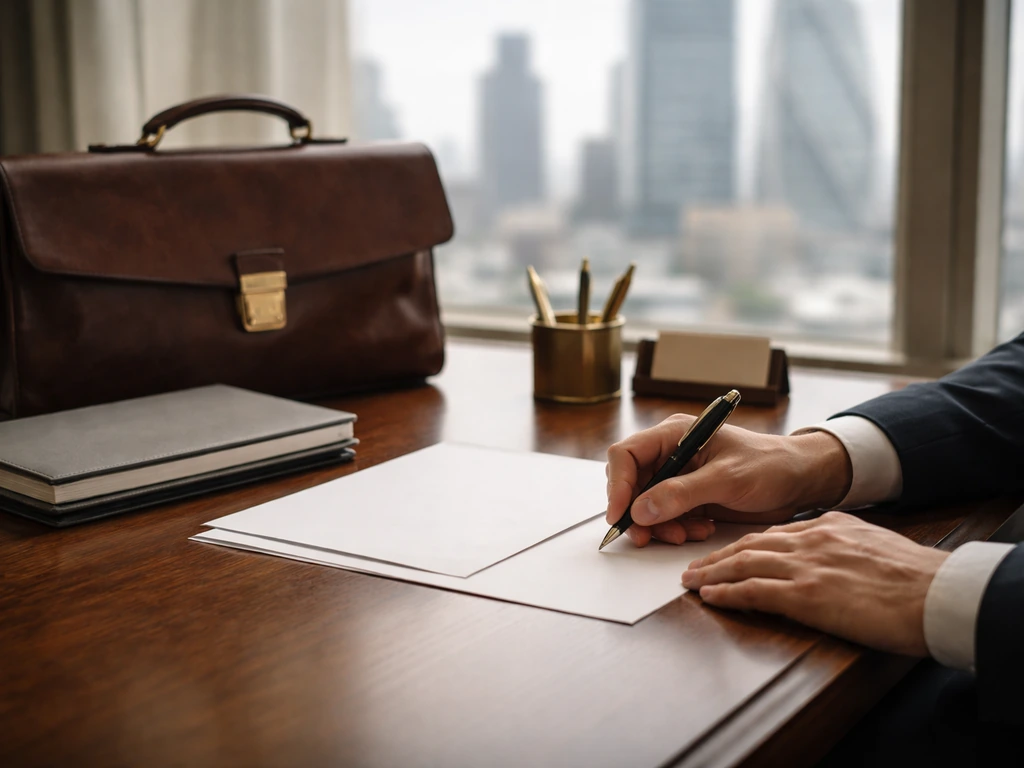 Minimal photo of a quiet executive office desk with a sealed briefcase and pen, symbolizing finance and public records