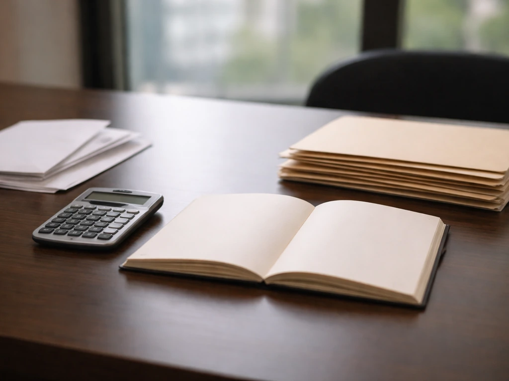 Minimal studio desk scene with calculator, notebook, and neatly stacked folders symbolizing layered financial estimates.
