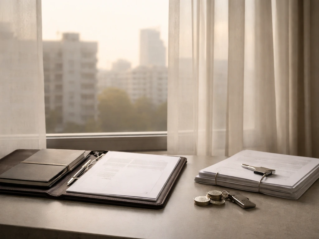 Minimal desk scene with generic London skyline, portfolio documents, and coin symbolizing assets