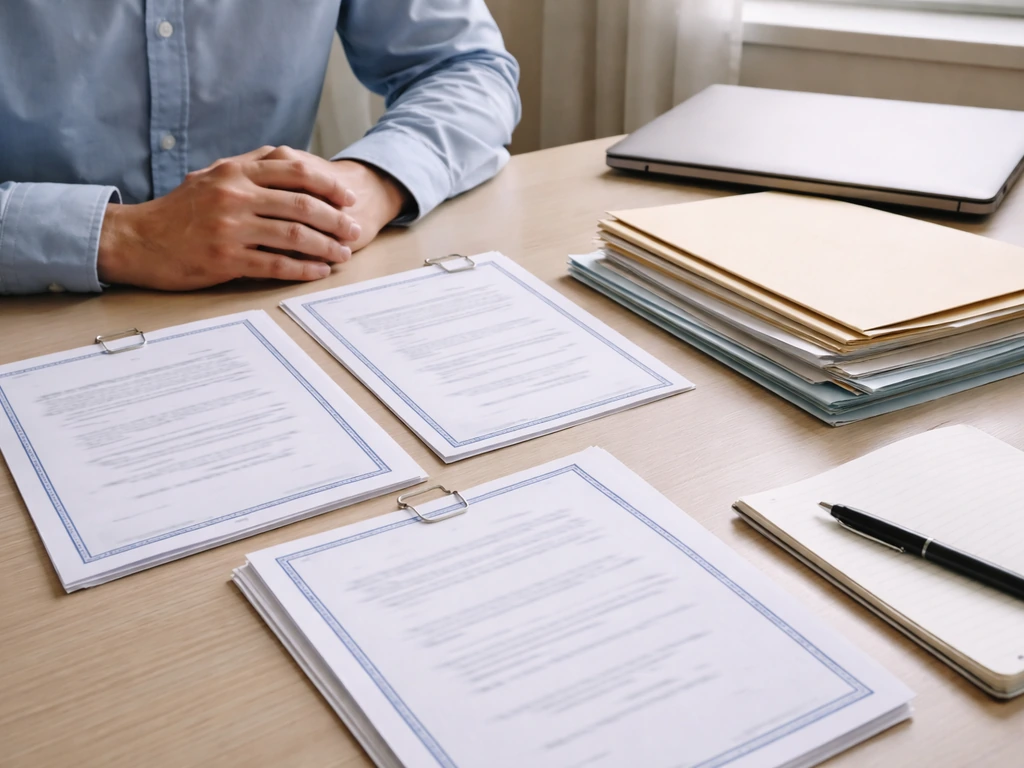 Minimal desk scene with three open documents and a laptop showing public records-style folder tabs, no text.