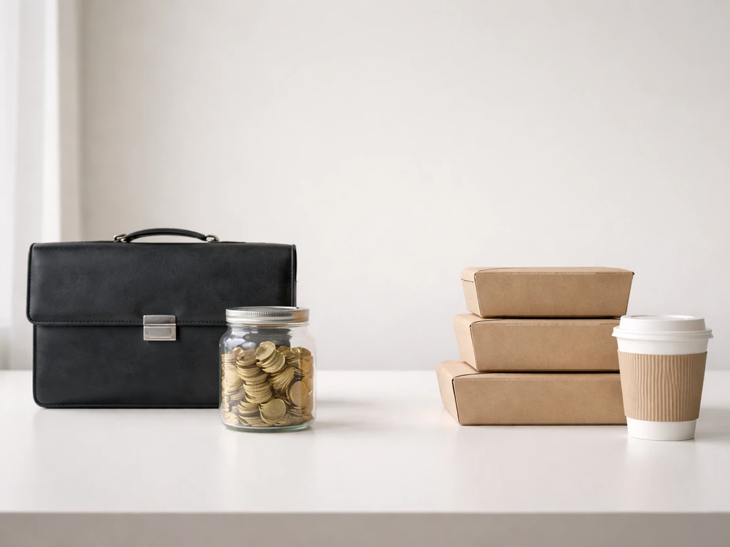 Two groups of objects on a desk: coins in a jar vs takeout boxes and coffee, showing two income layers.