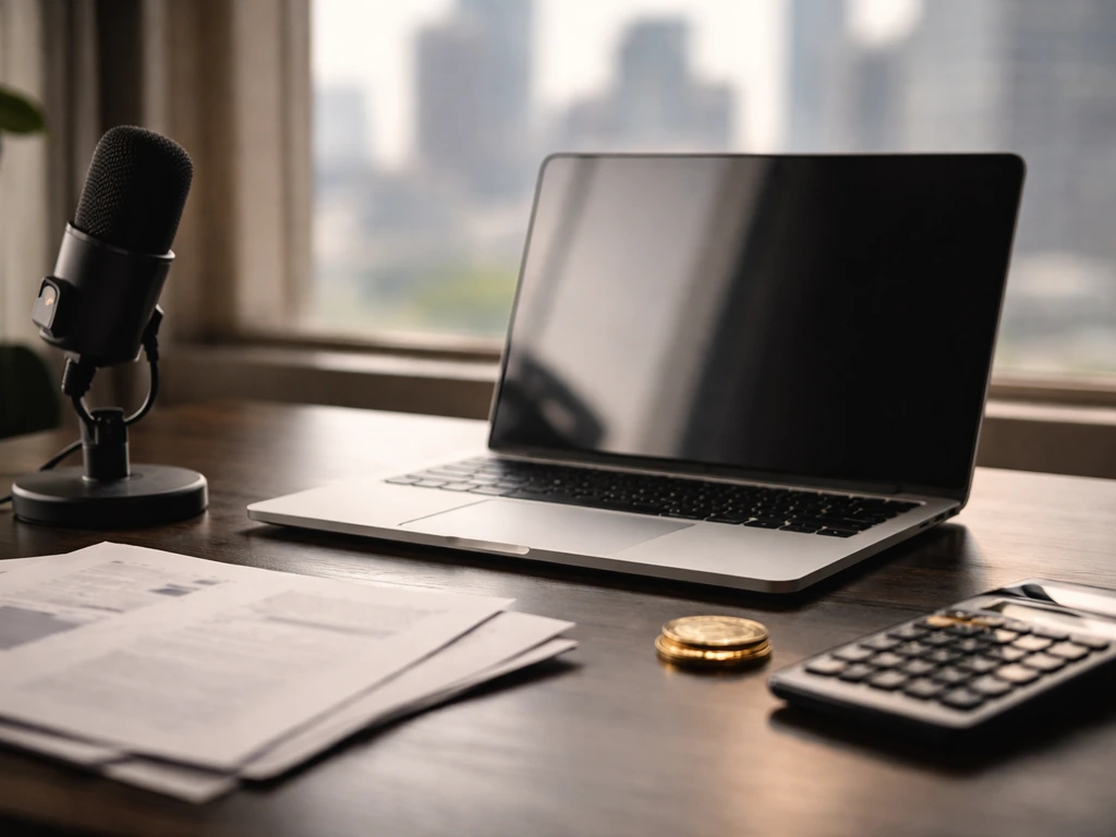Upscale desk with blank laptop, microphone, and gold coin symbolizing wealth range and valuation drivers.