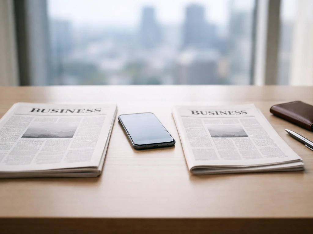 Minimal office desk scene with scattered newspapers and a smartphone showing different financial headlines