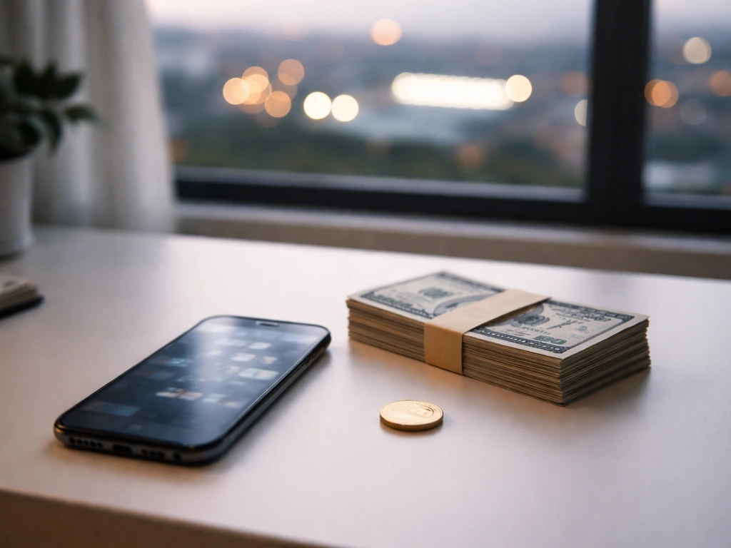 Minimal office desk with a smartphone displaying blurred numbers and a stack of cash, symbolic wealth snapshot