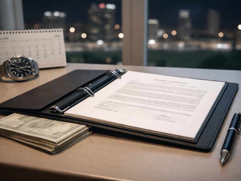 Open contract folder and pen on a desk with a blurred city view and a calendar page suggesting a July start.