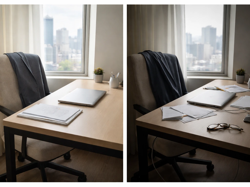 Split before-and-after photo of a clean desk vs a disrupted one, symbolizing financial loss after a crash.