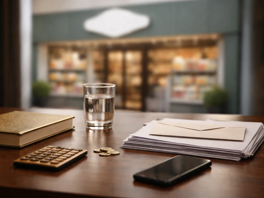 Upscale office desk with ledger and documents, subtle finance cues and out-of-focus storefront backdrop.