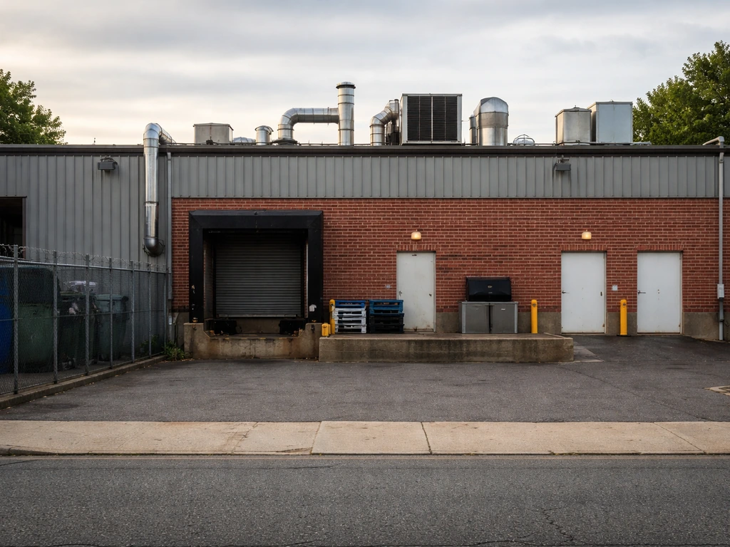 Exterior view of a meat-and-seafood processing facility building in Swedesboro, New Jersey, no people.