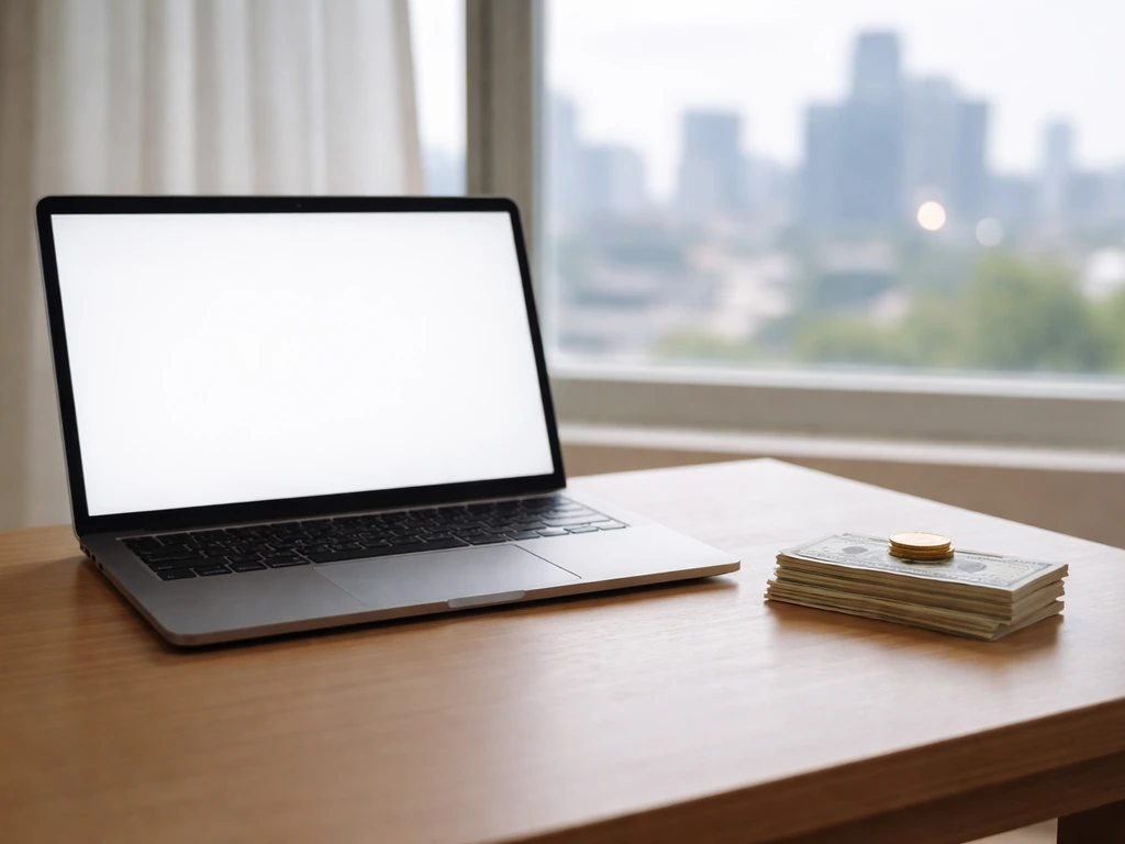Minimal desk with banknotes and coins beside a laptop, natural window light, city blur background.