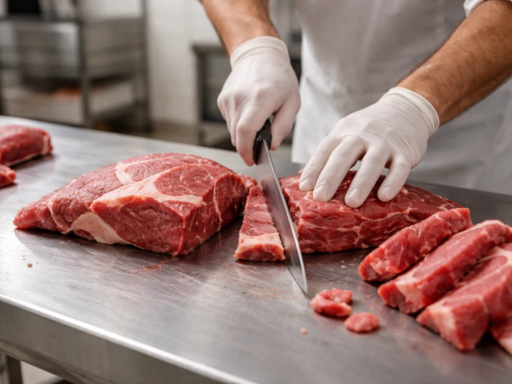 Gloved butcher hands preparing meat on a stainless prep table in a quiet industrial kitchen