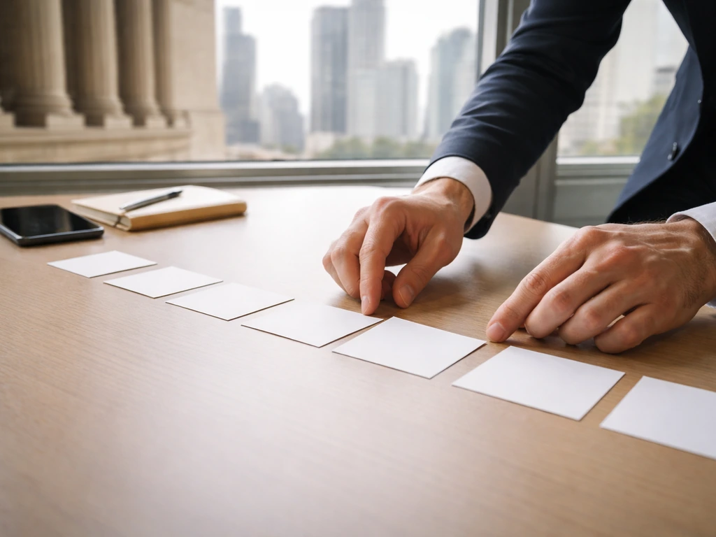 Hands arranging unlabeled index cards chronologically on a desk with a phone and blurred skyline.