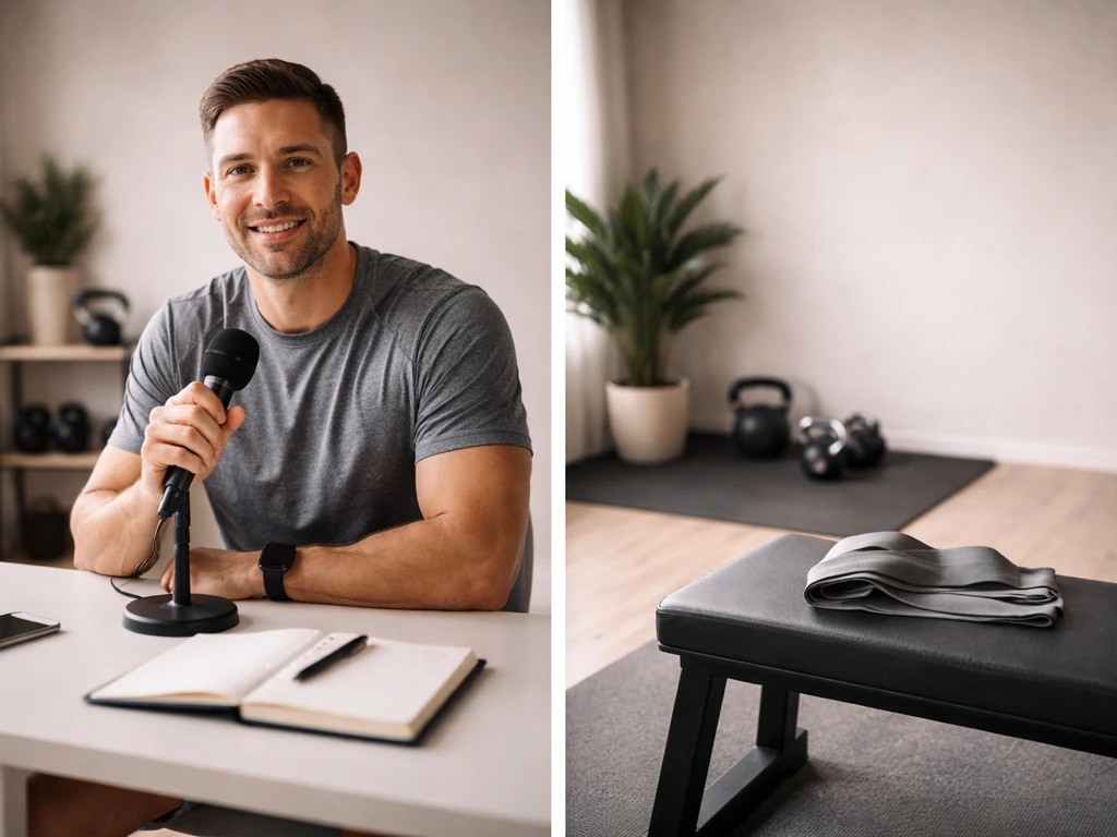 Fitness business coach vibe: a workout coach scene with a microphone and fitness revolution style cues