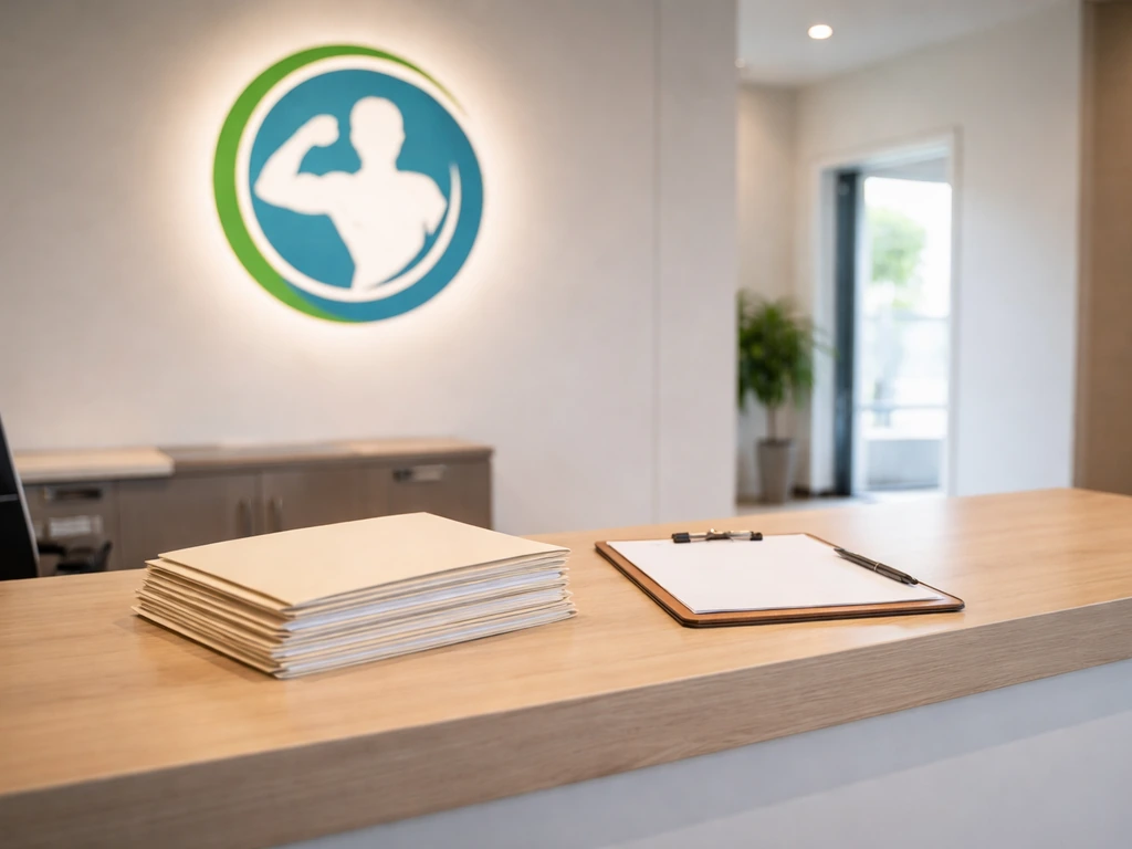 A tidy gym reception and franchise-style wall sign in soft natural light