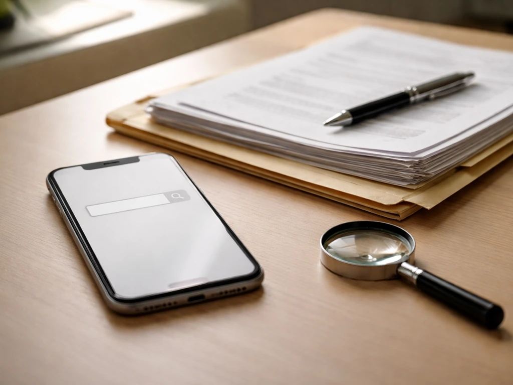 Smartphone, documents, and a magnifying glass on a desk suggesting verifying business filings and updating estimates.
