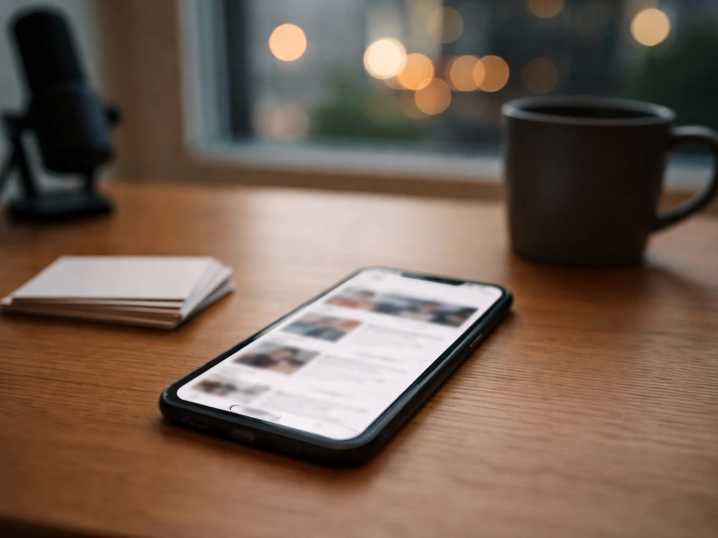 Minimal desk scene with a smartphone showing a blurred media feed and a stack of business cards