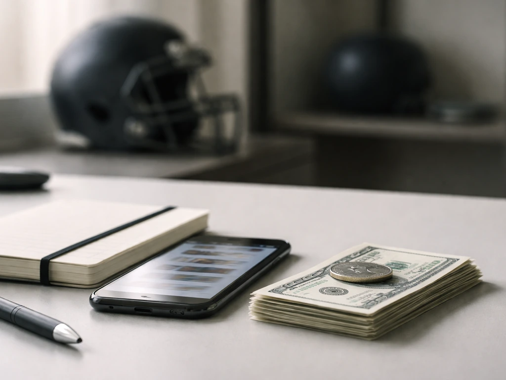 Minimal finance-themed photo: smartphone, notebook, and cash in soft natural light suggesting net-worth analysis.