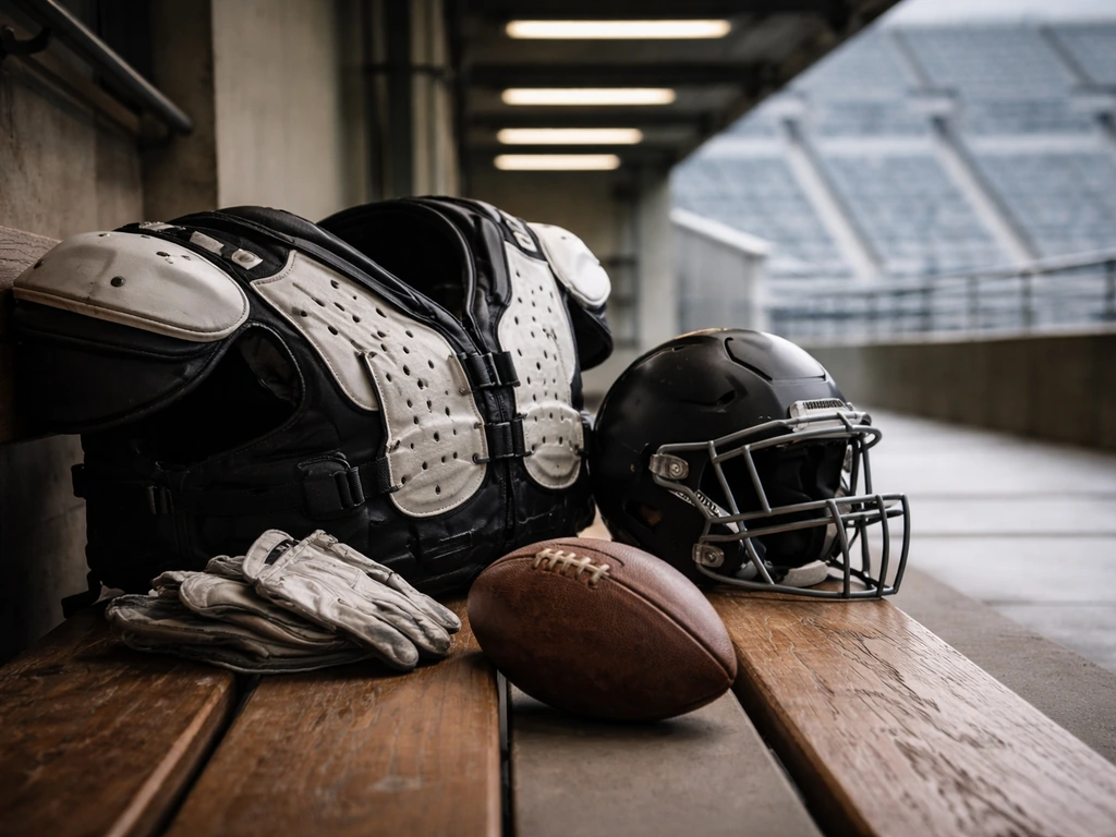 Helmet, gloves, and football on a bench in an empty stadium tunnel, blurred seats in the background.