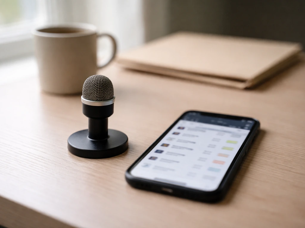 Anonymous desk with microphone and smartphone showing blurred stats-like content, symbolizing NFL career documentation.