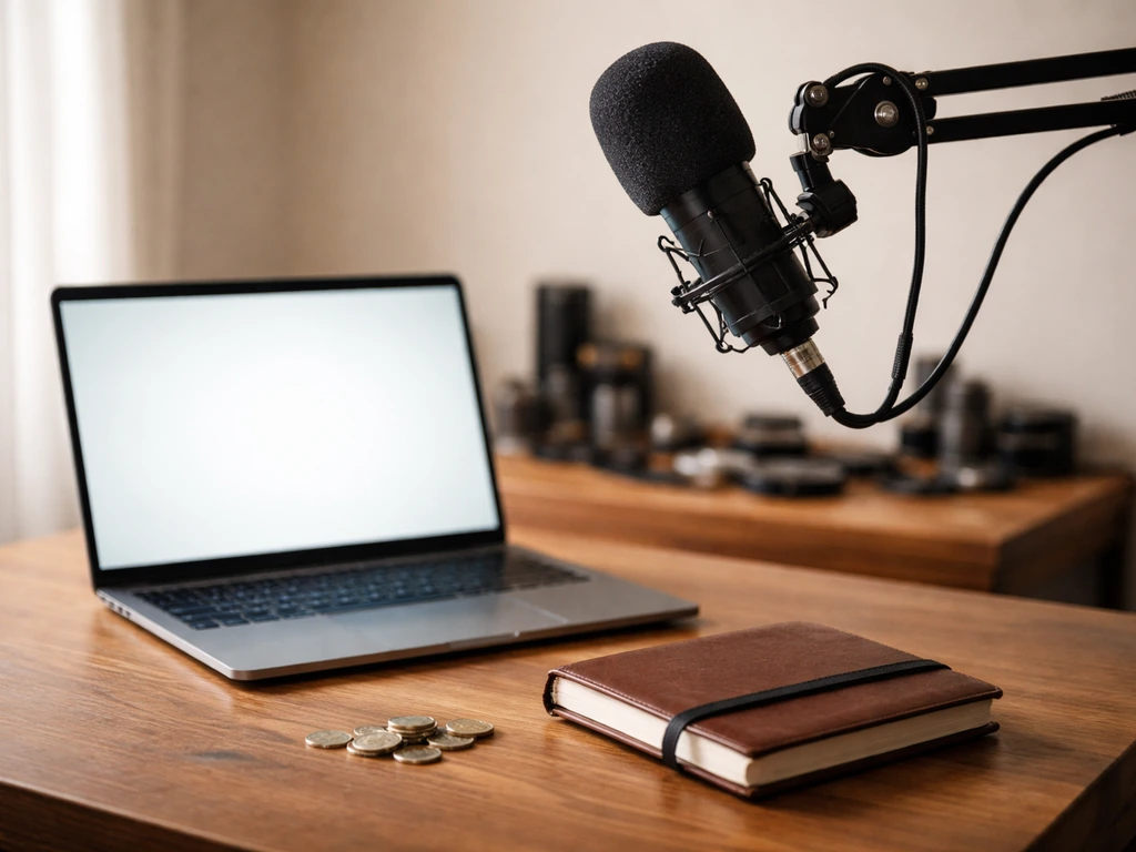 Home studio desk with a microphone, coins, and laptop glow suggesting creator monetization.
