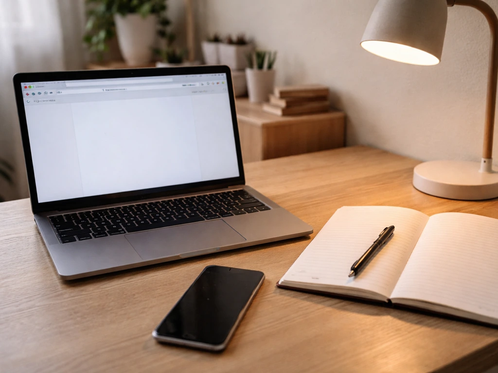 Minimal desk research scene with laptop tabs, blank notebook, pen, and phone for cross-checking claims