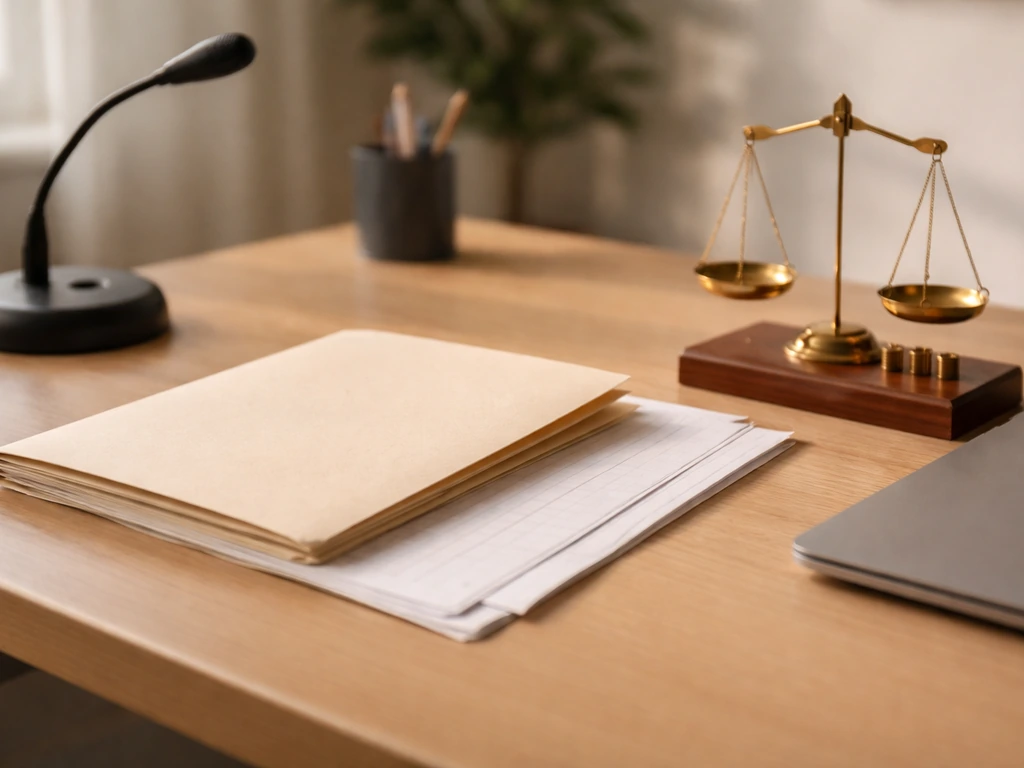 Minimal desk with ledger paper, a document folder, and a small scale symbolizing net worth valuation