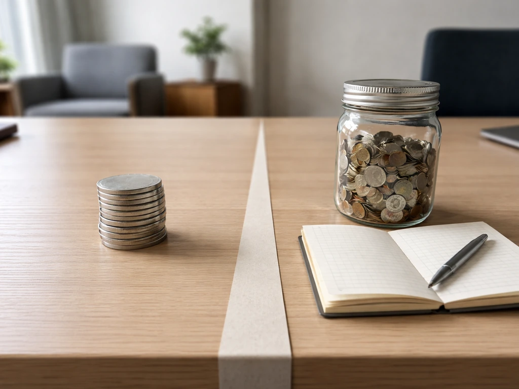 Minimal desk scene with two symbolic objects representing valuation and net worth side-by-side.