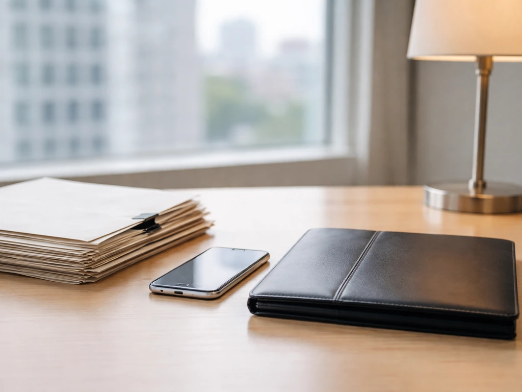 Minimal office desk scene with legal paperwork and a phone, symbolizing an LLC authorized manager search