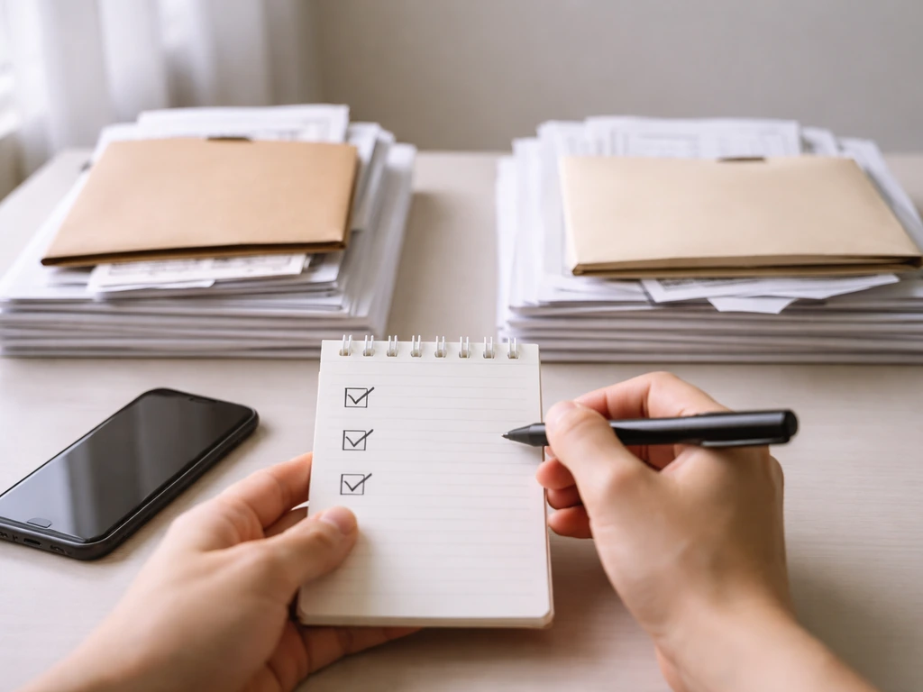 Desk scene with two stacks of papers and envelopes, plus a hand using a blank checklist notepad to sort sources.