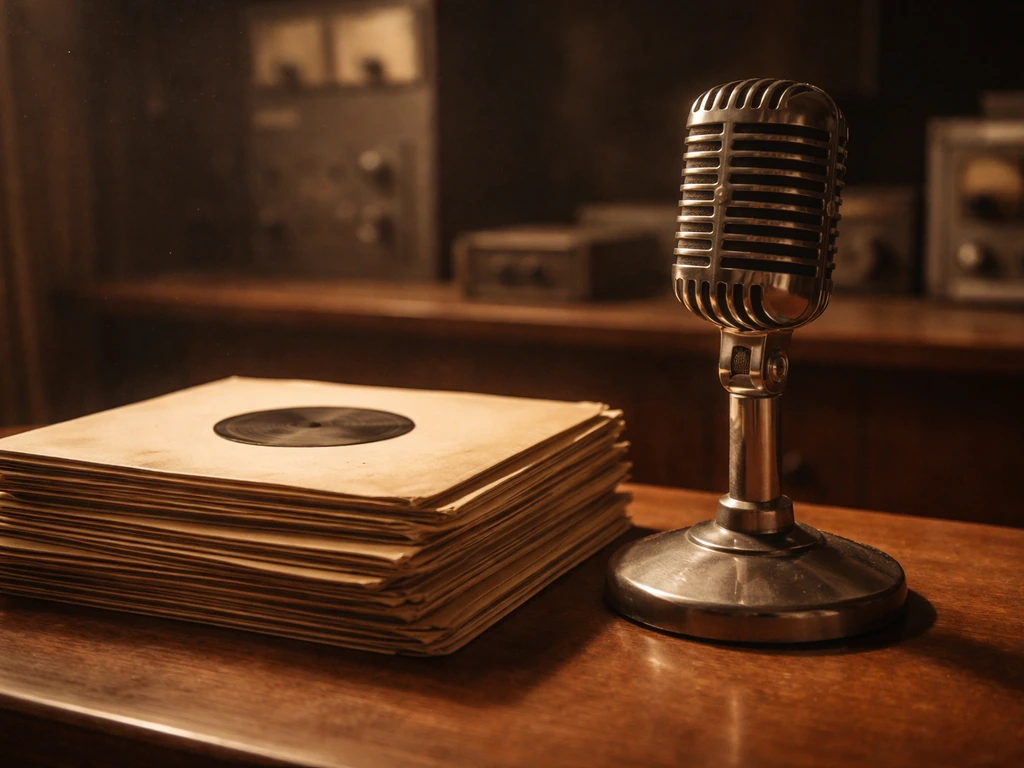 Vintage studio record sleeve and a period microphone on a wooden desk, with soft light and muted film-era tones.