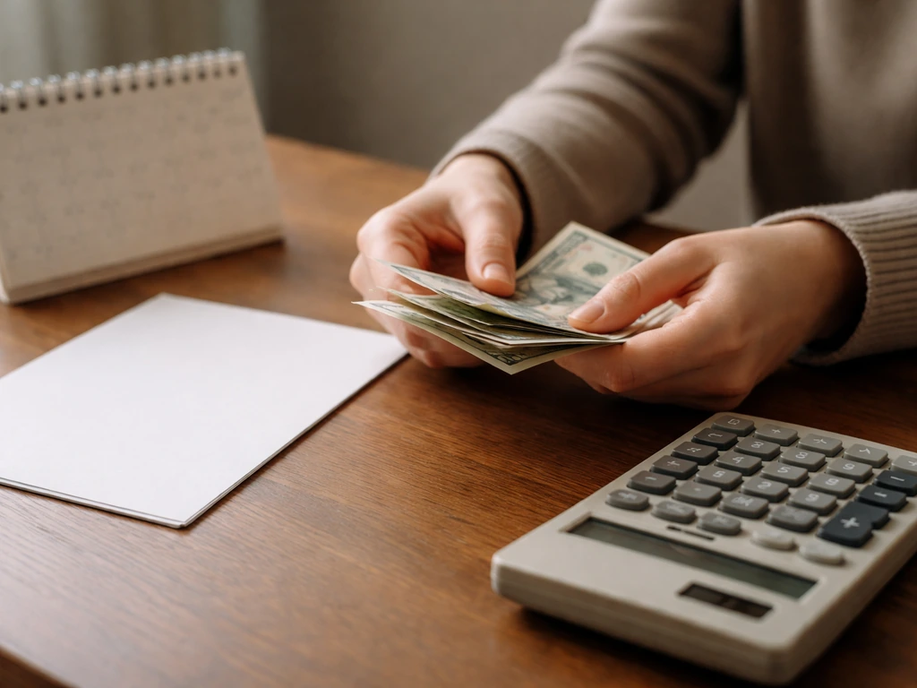 Hand holding a small stack of mixed-currency bills beside a calendar and calculator in a quiet office