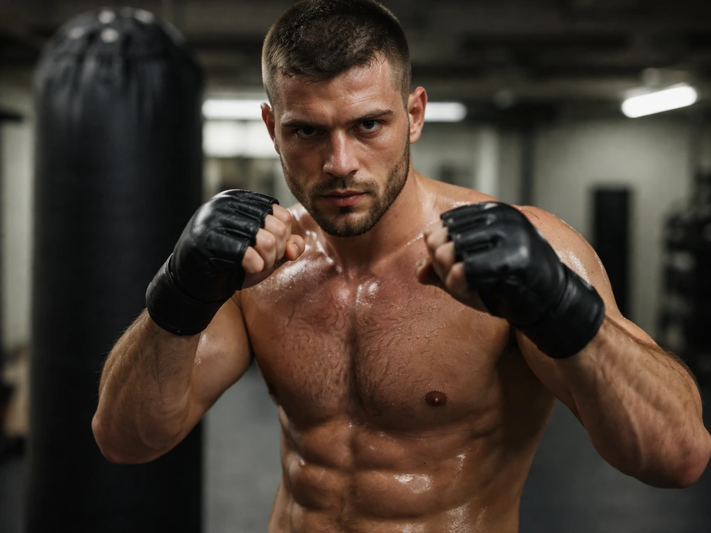 Anonymous MMA fighter with taped fists in a quiet gym by a heavy bag, focused and ready.