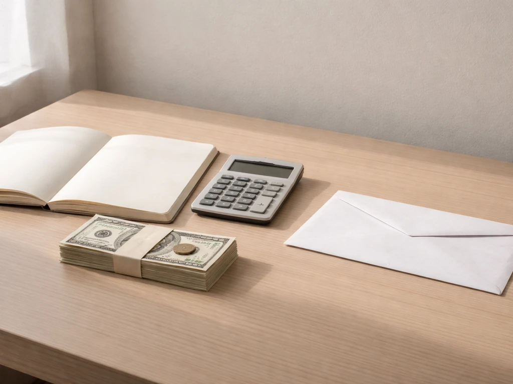 Close-up of a notebook beside cash and a calculator on a simple desk, symbolizing assets minus liabilities.
