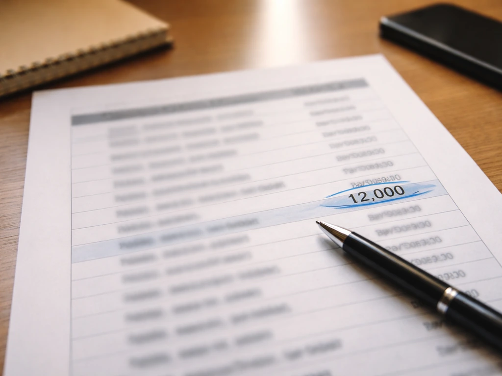 Close-up of a printed fight event payout list page with highlighted $12,000 line on desk