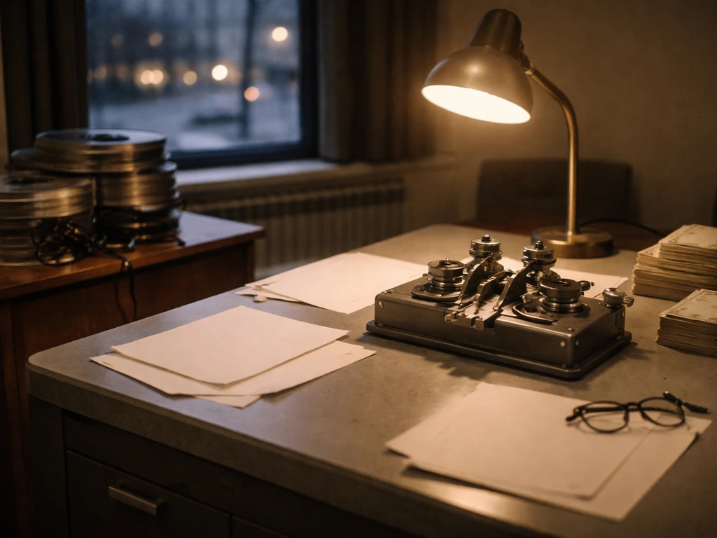Vintage film studio editing room with film reels and a subtle money-themed atmosphere