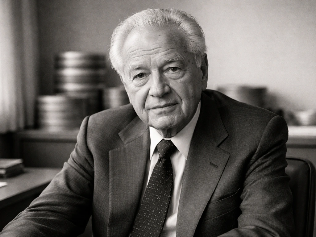 Archival black-and-white photo style of an older film producer in a mid-century office.